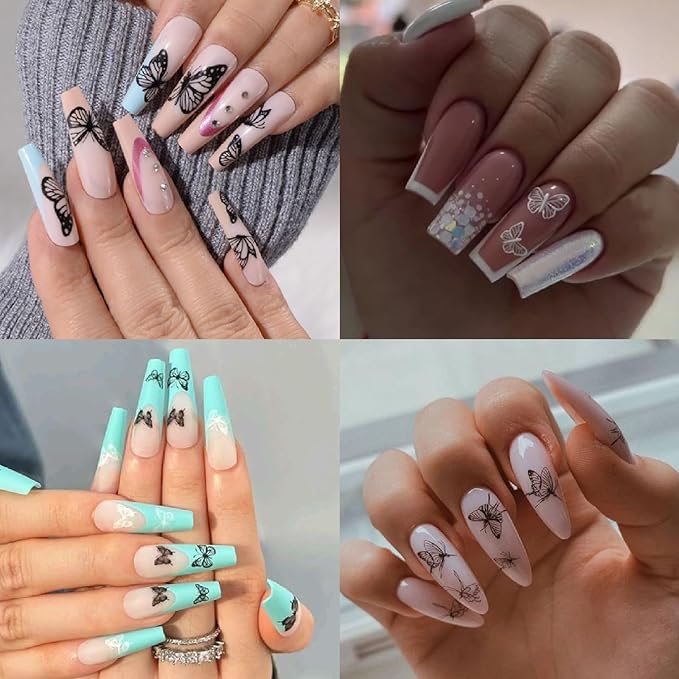 3 Sheets Hollow Butterfly Nail Art Stickers Ribbon Butterfly Nail Decals 5D Embossed Self Adhesive Black White Butterflies Nails Design Stickers for Women Manicure Decoration