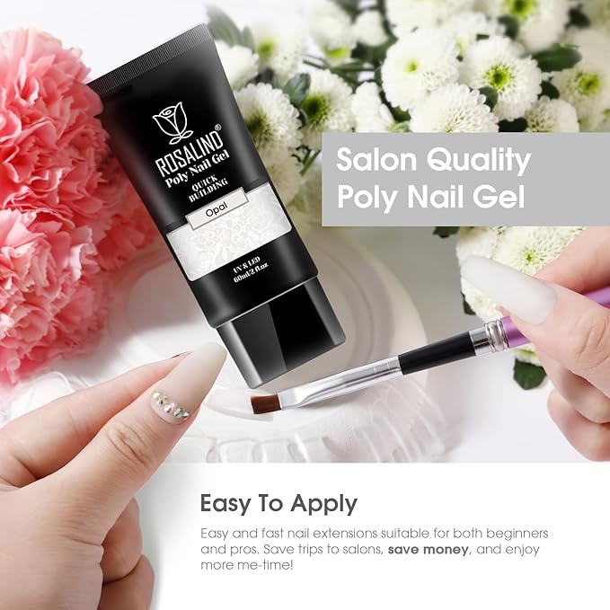 Opal White Poly Extension Gel, ROSALIND 2 oz White Poly Nail Gel for Nail Art Decoration, Nail Thickening Extension Easy to DIY Use at Home Need UV Lamp (Update Version)