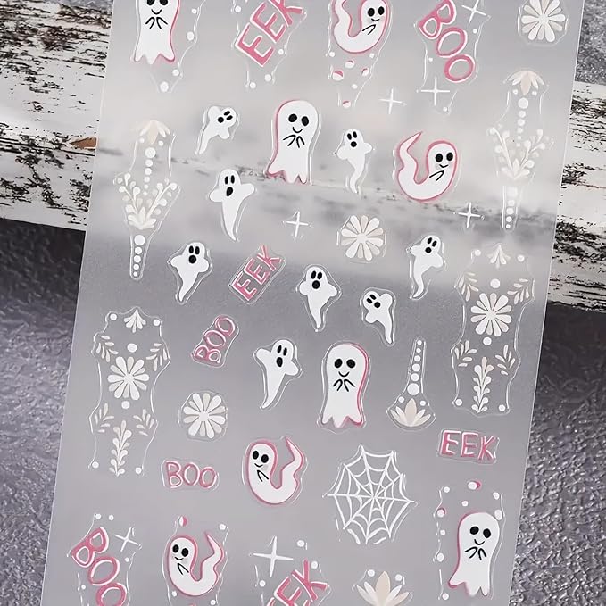 2Pcs Halloween Nail Art Stickers 5D Embossed Halloween Ghost Nail Decals Cute Ghost Spider Web Totem Pattern Designs Self Adhesive Horror Nail Supplies for Women Manicure Tip Decorations Accessories