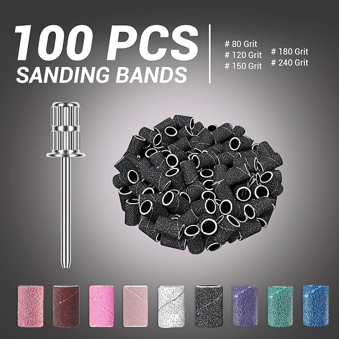 MelodySusie 100 Pcs Nail Drill Bits Sanding Bands for Nail Drill 180 Fine Grit Nail File Sanding Bands for Acrylic Nails Gel Manicures and Pedicure