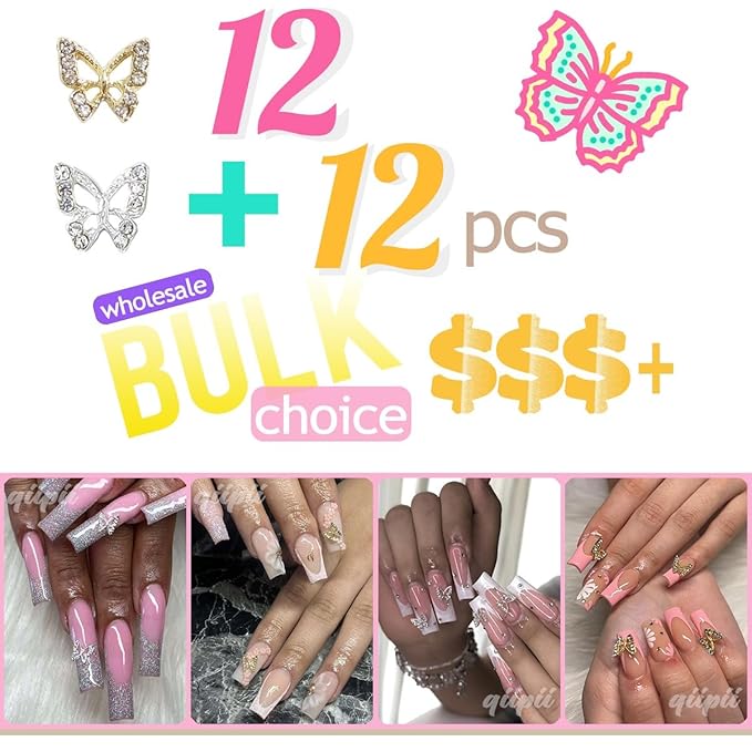 24pcs Butterfly Nail Charms Bulk 3D Charms for Acrylic Nails, Golden Silver Butterflies Nail Rhinestones Charms Nail Alloy Studs Nail Art Jewels Diamonds Gems Supplies for Nails Face Makeup