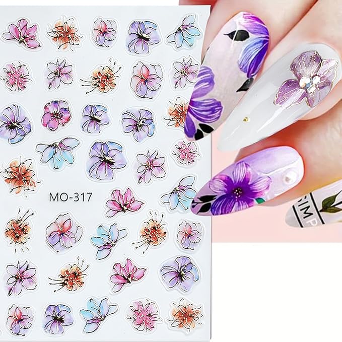 4 Sheets Shiny Flower Nail Stickers for Nail Art 3D Glitter Purple Golden Flower Nail Design Stickers Purple Golden Glossy Nail Decals Holographic Nail Supplies for Women DIY Nails Art Decoration