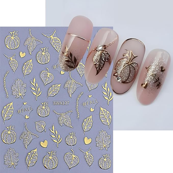 Fall Nail Art Stickers, Gold Maple Leaves Nail Decals 3D Self-Adhesive with Pumpkin Maple Leavers Design Gold Fall Nails Stickers 6Pcs Glitter Nail Art Supplies for Women Nail Decoration