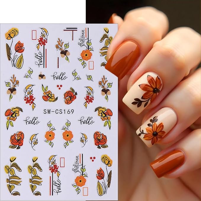 6 Sheets Fall Nail Stickers 3D Self Adhesive Thanksgiving Nail Decals Cute Pumpkin Nail Art Stickers Sunflower Maple Leaf Flower Nail Design Sticker Supplies for Women DIY Autumn Nail Decoration