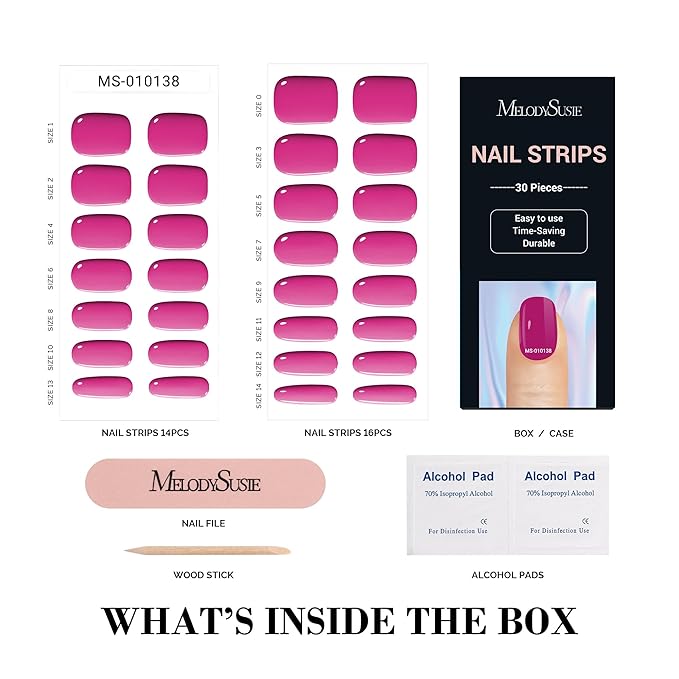 MelodySusie 30PCS Semi Cured Gel Nail Strips, Hot Pink, Works with Any Nail Lamps, Salon Quality, Long Lasting, Easy to Apply, Includes 2 Prep Pads, Nail File and Wooden Stick