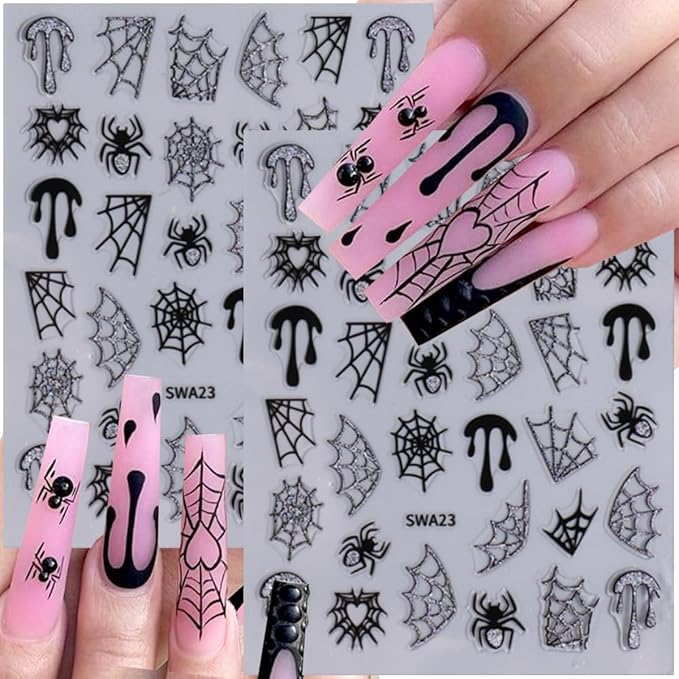 8 Sheets Halloween Nail Stickers Decals Gold Gloss Bat Nail Art Stickers Goth Nail Design Stickers Self-Adhesive Spider Web Spider Skeleton Nails Accessories for Women Nails Art Decorations Supplies