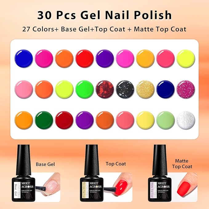 MEET ACROSS 30pcs Gel Nail Polish Set,Soak Off UV LED Lamp Gel Nail Polish Kit,Fashion Shimmer Nail Art Design Gifts for Women Manicure Salon (Neon)