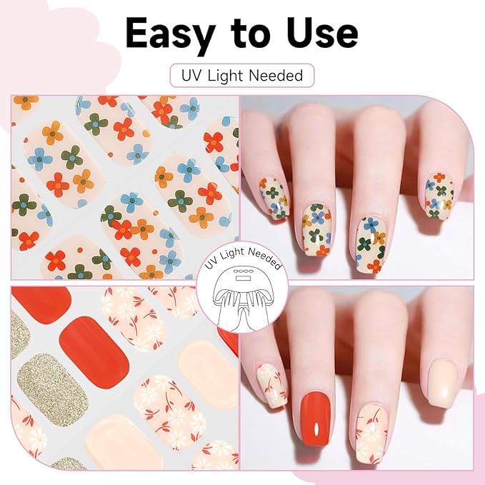 Semi Cured Gel Nail Strips 2 Set, (Glitter,Five Flower) 56 Pcs Gel Nail Wraps,Stickers Works with Any UV/LED Lamps,Long Lasting,Salon-Quality, Easy to Apply