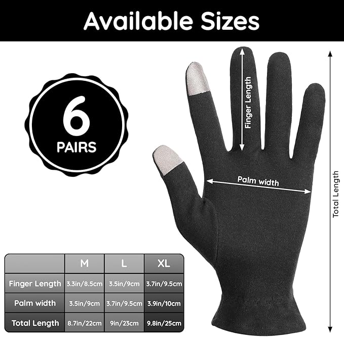 Segbeauty 12 Counts Elastic Touch Screen Hand Moisturizing Cotton Gloves for Dry Hands Sleeping Overnignt, 6 Pairs Black Cotton Gloves with Elastic Band, Reusable Lotion Gel Spa Moisture Sleep Glove