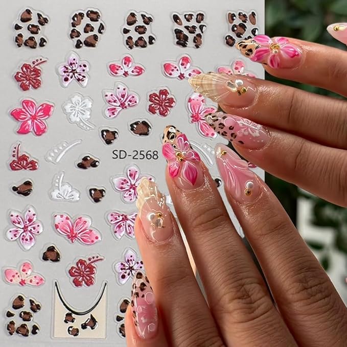 Flower Nail Art Stickers Maillard Leopard Print Nail Decals French Tips Nail Stickers for Nail Art Lily Floral Self Adhesive Relief Design Colorful Nail Sticker for Women DIY Salon Manicure 6 Sheets