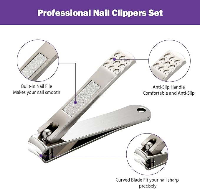 2Pcs Stainless Steel Fingernail Clipper W/Built-in Nail File, Ultra Sharpness & Sturdy Toenail Clipper Set for Men and Women, Washable