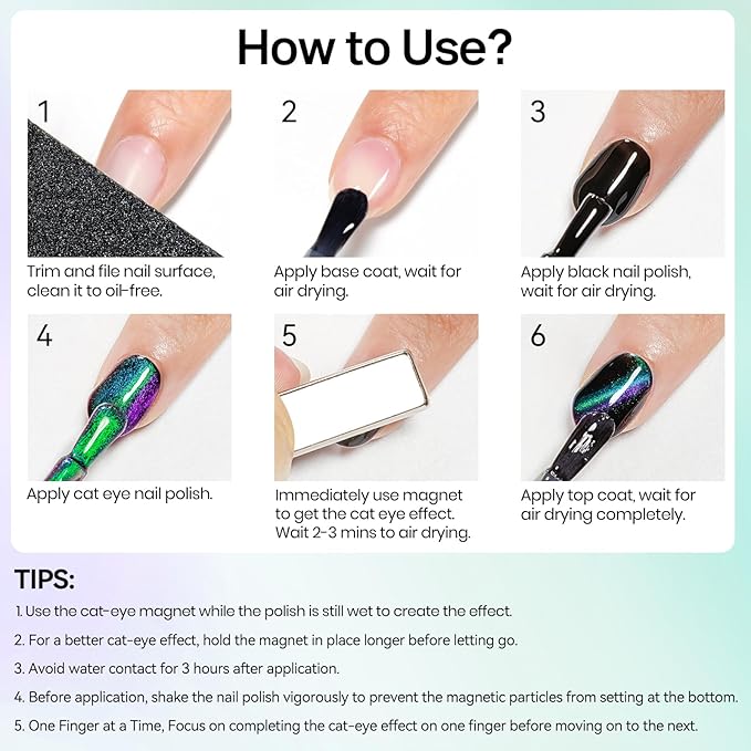 MIZHSE Quick Dry 9D Cat Eye Nail Polish Non Gel, Green to Purple Magnetic Nail Polish with Magnet, Air Drying Fast Cateye Nail Lacquer Galaxy Effect Manicure Home Gift for Women 15ml