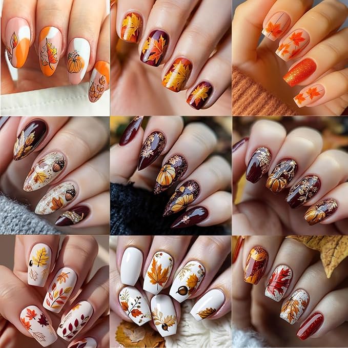 8 Sheets Fall Nail Stickers 3D Self-Adhesive Maple Leaf Nail Art Stickers for Nail Art Pumpkins Leaf Nail Design Autumn Nail Decals Thanksgiving Nail Art Supplies for Women Acrylic Nails Decoration