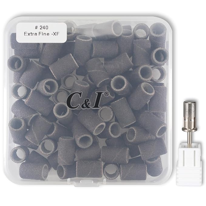 C & I Nail Sanding Bands 100 PCS Plus Upgrade Mandrel 1 PC, Nail Drill Bits for Acrylic Gel Nails Remove, Natural Nails Buffer for Nail Prep and Nail Shiner (Black, #240 Extra Fine)