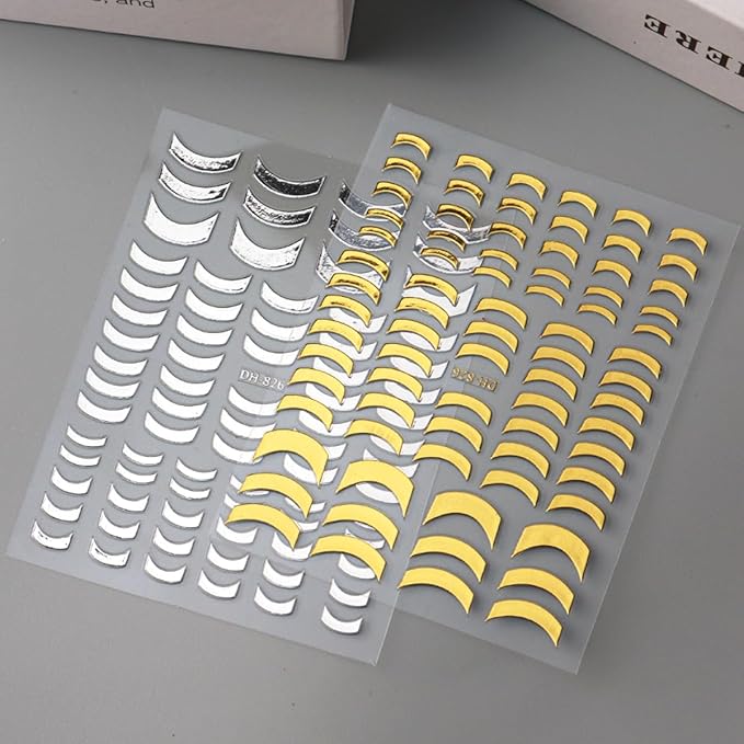 8 Sheets Gold Silver French Stripe Line Nail Stickers, 3D Self-Adhesive Decals with Gold Silver Geometric Waved Curve Lines Design for Elegant French Tips and DIY Manicure Decoration