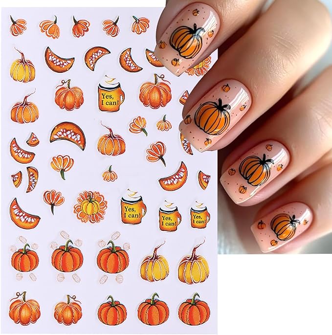 6 Sheets Fall Nail Stickers for Nail Art Pumpkin Maple Leaf Nail Decals 3D Self-Adhesive Thanksgiving Flower Leaves Design Nail Stickers Holiday Nail Art Supplies for Women Autumn Nail Art Decoration