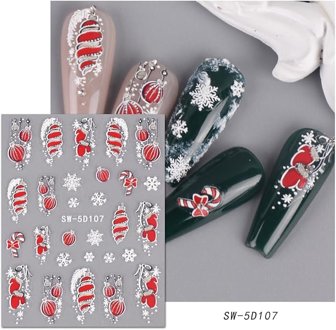 5D Embossed Christmas Nail Stickers for Nail Art - Lantern Nail Art Stickers Xmas Glove Snowflakes Nail Decals Cartoon Feather Nail Supplies for Women DIY Manicure Decorations 2 Sheets