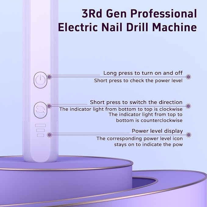 Professional Nail Drill Set, 2,0000 RPM Electric Nail File with 12 Grinding Head & 100Pcs Sanding Bands for Acrylic Gel Nails, Manicure and Polishing (Light Purple)