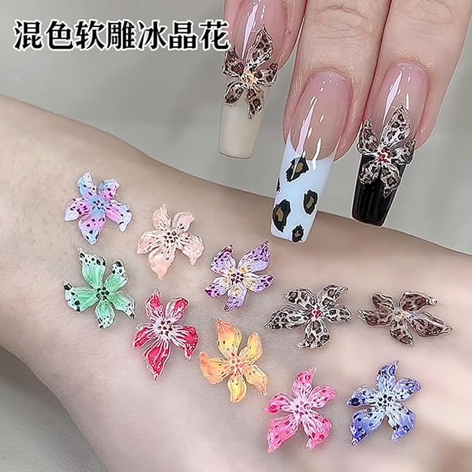 3D Hawaii Flowers for Nails,Spring Hibiscus Floral Nail Art Charms Lily Flowers for Nail Rhinestones Craft Multi-Color Petal Relief Flower Charms for Summer Acrylic Nail Jewelry Manicure Accessories