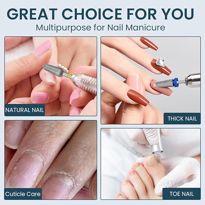 7PCS nail drill bits nail tech Sets Tungsten steel carbide Diamond for Acrylic Nails Poly Gel Cuticle Remove, 3/32'' Professional Nail Bits Set for E-Files for Manicure Pedicure, Home Salon