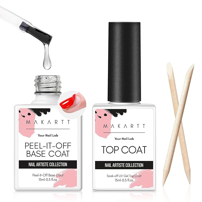 Makartt 15ml No Wipe Gel Top Coat and Peel Off Base Coat Set - 2Pcs Shine Finish Long Lasting No Filing Soak Off Clear Top Base Gel, UV LED Nail Lamp Required, for Women Nail Art DIY