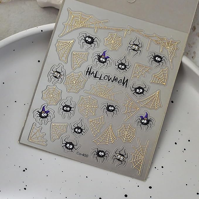 Spider Spider Web Nail Stickers for Nail Art 3D Glitter Gold Spider Web Black Spiders Nail Decals Design Stickers Acrylic Nails Tips DIY Manicure Decoration Supplies for Halloween and Daily Nails
