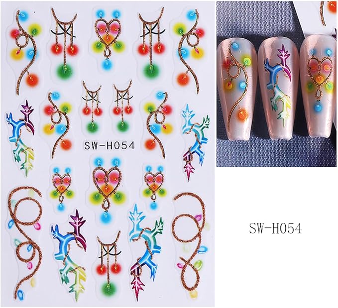 3 Sheets Christmas Nail Art Stickers Flower Nail Decals with Xmas Tree Elk Colored Light Snowflakes Design 3D Self-Adhesive Nail Stickers Acrylic Nail Supplies for Women DIY Christmas Decorations