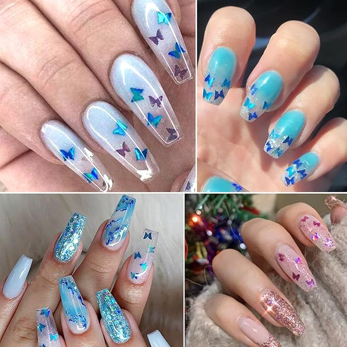 12 Colors Butterfly Nail Art Stickers Butterflies Nail Glitter Sequins 3D Art Accessories Butterfly Shape Flakes Powder Holographic Gold Red Pink Butterflies Sequins Design Acrylic Nails Supply Kit