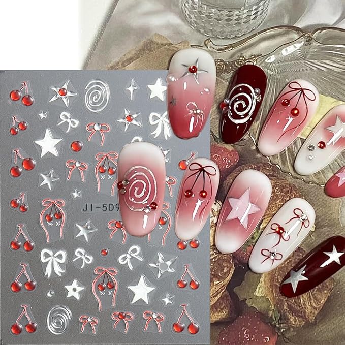 Cherry Nail Stickers 5 Sheets Cherry Blossom Nail Decals Spring Summer Fruits Nail Decoration 5D Embossed Stickers for Nail Art Bows Stars Butterfly Flowers Nail Stickers Manicure Supplies