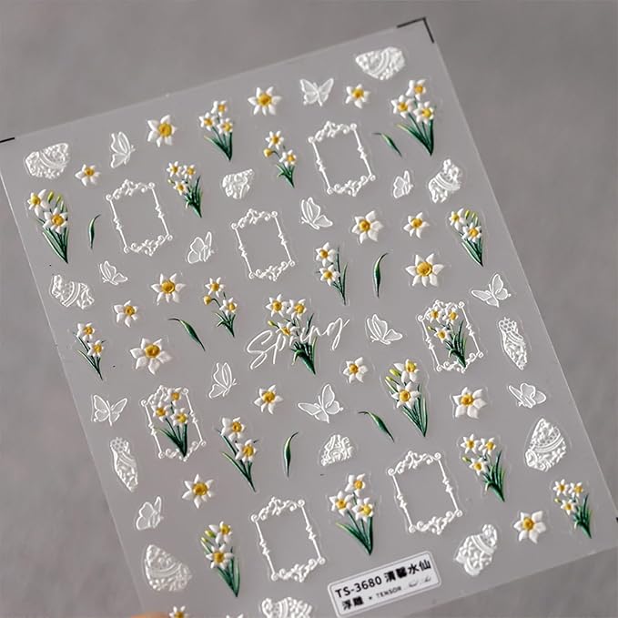 White Flower Nail Art Stickers Decals 5D Self Adhesive Spring Summer Nail Stickers for Nail Art Butterfly Floral Nail Decals for Women Girls