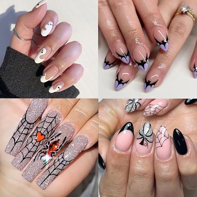 8 Sheets Horror Goth Nail Art Stickers Halloween Nail Stickers for Nail Art Glitter Bat Spider Web Pumpkin Design Luminous Ghost Nail Decals Self-Adhesive Nail Supplies for Women Manicure Decor