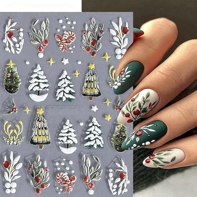 Christmas Nail Stickers 5D Embossed Christmas Tree Nail Art Stickers Winter Santa Claus Nail Decals Self Adhesive Xmas Nail Design Sticker Cute Nails Decoration for Women Manicure Accessories 2Pcs