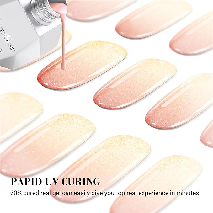 MelodySusie Semi Cured Gel Nail Strips (Pearly Pink Gradient), Works with Nail Lamp, Salon Quality, Long Lasting, Easy to Apply and Remove, Includes 20Pcs, 2 Prep Pads, Nail File and Wooden Stick