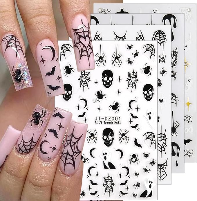 4 Sheets Rhinestones Halloween Stickers 3D Self Adhesive Spider Ghost Nail Art Stickers Glitter Luxury Charms Nail Decals Spooky for Women Halloween DIY Manicure Salon