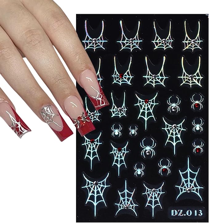 5 Sheets 5D Embossed Halloween Nail Art Stickers Self-Adhesive French Tip Spider Web Nail Decals Laser Gold Silver Black Rhinestones Spider Nail Designs Stickers Holiday Nails Decoration for Women DIY