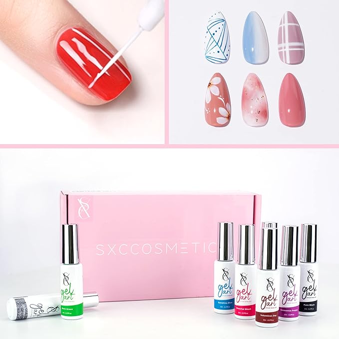 SXC Cosmetics G-41 Gel Liner Nail Art Set 12 Black White Red Pink Colors Paint for Swirl Nails Built-in Thin Brush in Bottle Pens Soak off Gold Silver Glitters Gel…