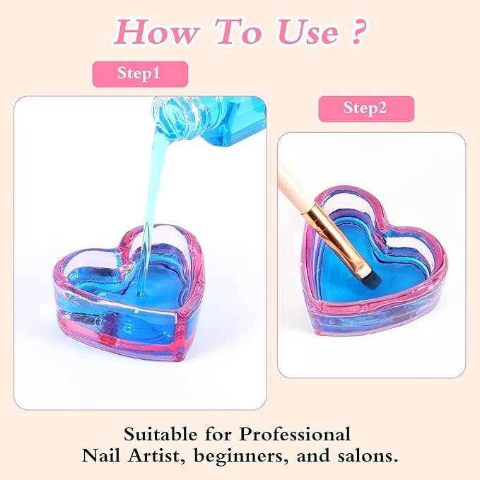 Ouligay Dappen Dish for Monomer, 2pcs Heart-Shaped Dampen Dish for Nails, Glass Monomer Dish, Crystal Monomer Cup for Acrylic Liquid, Nail Art Tools, Pink