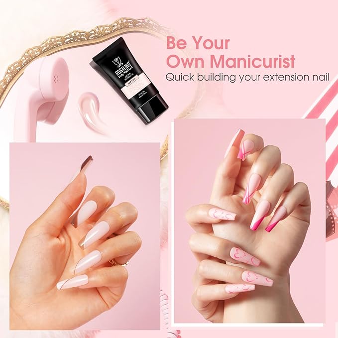 ROSALIND Soft Pink Poly Nail Gel, 2 oz Poly Extension Gel for Nail Art Decoration, Nail Thickening Extension Easy to DIY, Pink Nail Enhancement Need UV Lamp(Update Version