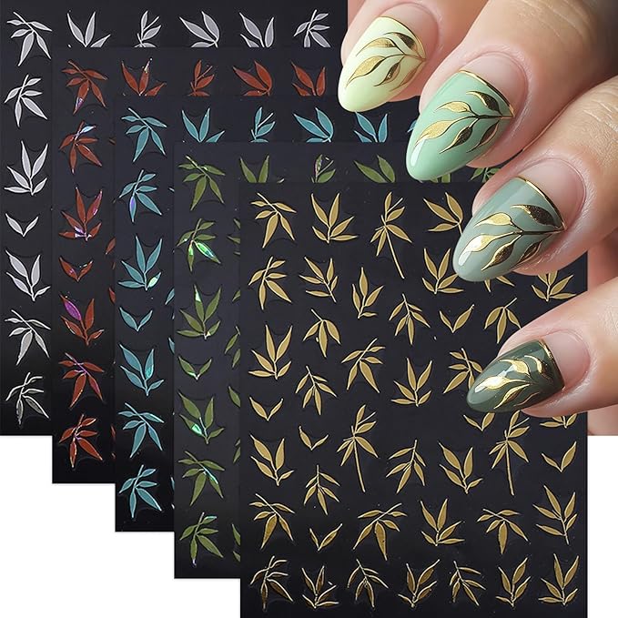5 Sheets Fall Leaves Nail Art Stickers 3D Self-Adhesive Gold Silver Blue Green Leaf Autumn Leaves Nail Stickers Fall Orange Leaf Design Thanksgiving Day Nails Supplies for Women Manicure Decoration