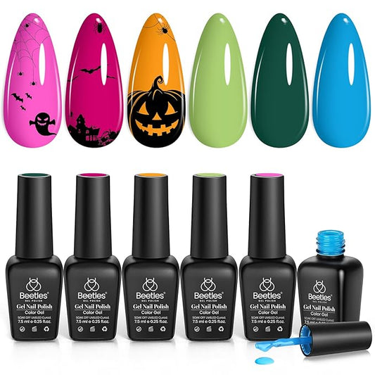 beetles Gel Polish Set - Halloween Gel Nail Polish, 6 Color Hot Pink Green Blue Orange Rainbow Boundless Energy Collection Holiday Nail Art Design Soak Off Uv LED Manicure DIY Home