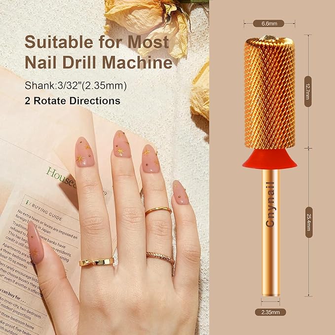 3/32" Large Barrel Crystal Top Tungsten Carbide Nail Drill Bit Safety Bit for Gel & Acrylic Removal, 2-Way Rotating Efile Tip, Salon Electric File Accessory (F Grit, Ti-Gold)