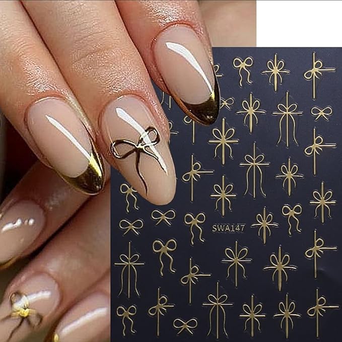 Christmas Nail Art Stickers Bow Nail Decals 3D Self Adhesive Nail Stickers for Nail Art Mixed Shaped Green Red Gold Design Cute Nail Sticker for Women DIY Holiday Manicure Supplies 6 Sheets
