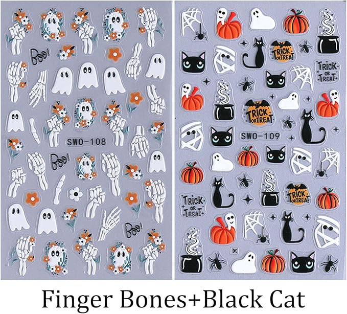4 Sheets Halloween Nail Art Stickers 5D Embossed Cute Ghost Nail Stickers Black Cat Pumpkin Design Flower Finger Skeleton Nail Decals Nail Art Supplies for Women Acrylic DIY Nail Decorations