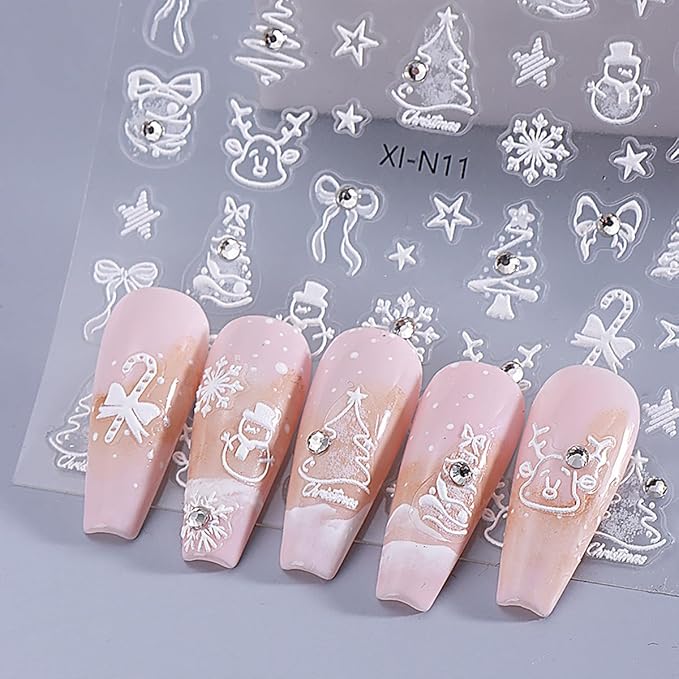 2 Sheets Christmas 5D Embossed Nail Art Stickers Gold Silver Xmas Trees Elk Star Snowman Decals with Glitter Rhinestones Design Winter Holiday Stickers for Women DIY Nails