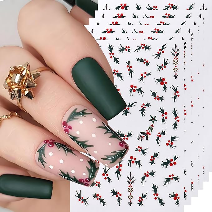 6PCS Christmas Nail Art Stickers Holly Nail Decals 3D Self-Adhesive Nail Stickers Christmas Tree Nail Art Supplies Green Leaves Holly Fruit Nails Accessories for Women Xmas Acrylic Manicure Decoration