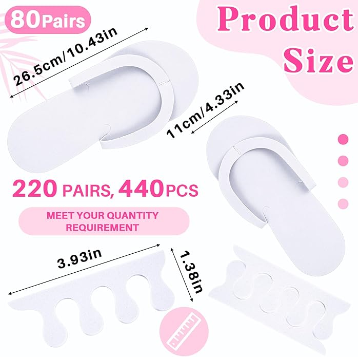 300 Pairs Disposable Pedicure Slippers and Toe Separators Kit Include 80 Disposable Foam Pedicure Flip Flops 220 Pairs Toe Separators for Women Nail Spa