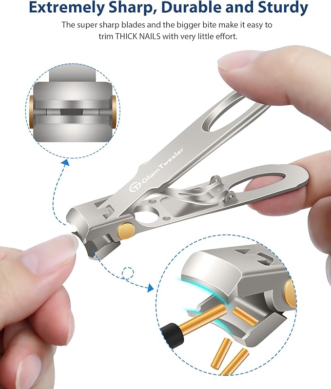 Anti-Splash Wide Jaw Opening Nail Clippers - GlamTweeler Ultra Sharp Extra Large Wide Opening Fingernail and Toenail Clipper with Glass Nail File (Champagne_Curved)