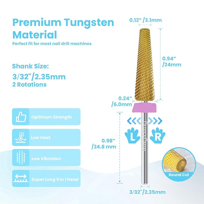 24mm Super Long 5 in 1 Nail Drill Bits, Professional 3/32'' Tungsten Carbide Bits, Fast Gel Removal for Long Acrylic Nails, Left Right Hand Use, Manicure Cuticle Hard Gel Polishing, Double Fine.