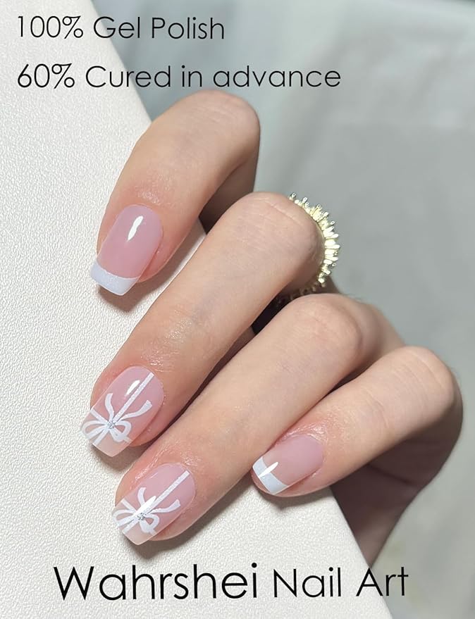 Semi Cured Gel Nail Strips, 20pcs French Bowknot Gel Nail Stickers UV for Home Nails DIY