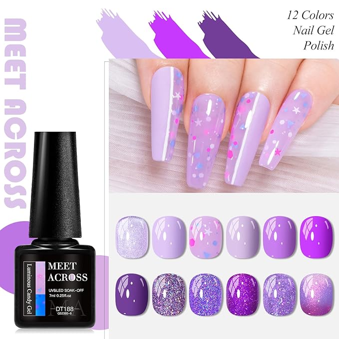 MEET ACROSS 12PCS Gel Nail Polish Set, 12 Colors Gel Nail Kit Art Design Soak Off UV LED,Nail Art Design Gifts for Women (Purple, 12PCS)